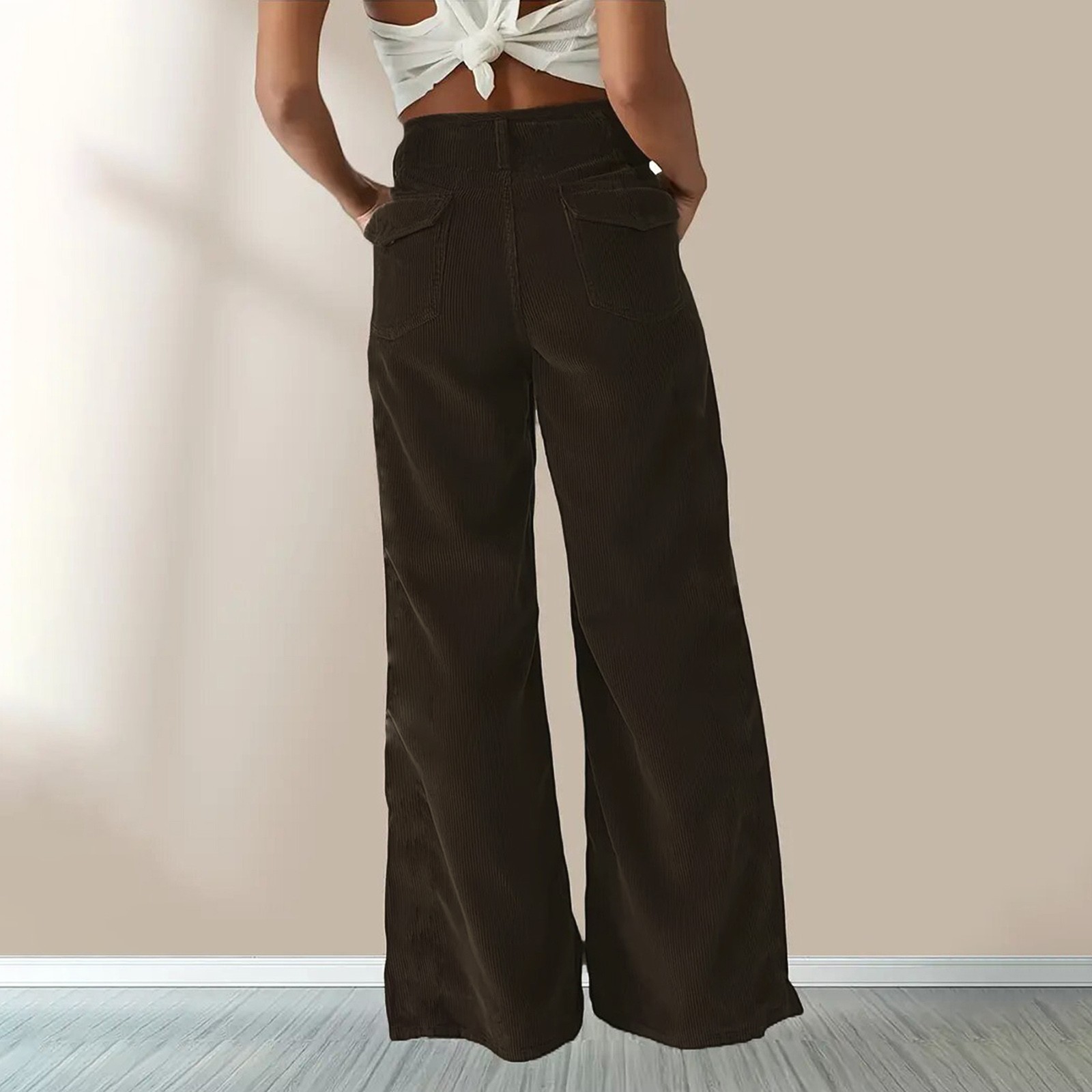 thumbnail image 5 of Pantalones anchos de pana vintage para mujer: cintura alta, parte trasera elástica, bolsillos laterales, corte recto para ropa informal, 5 of 6